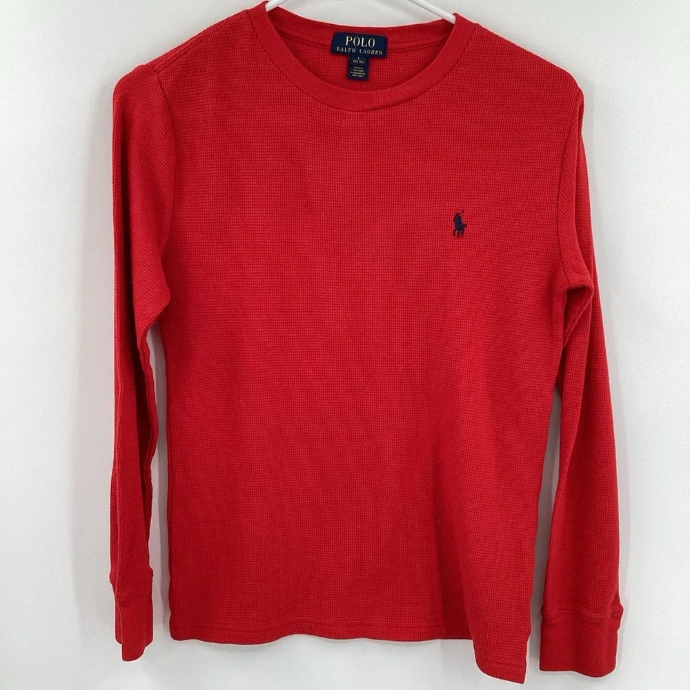 Boys Polo Ralph Lauren Long Sleeved Thermal Waffle Knit‎ Shirt Red Large (14-16)